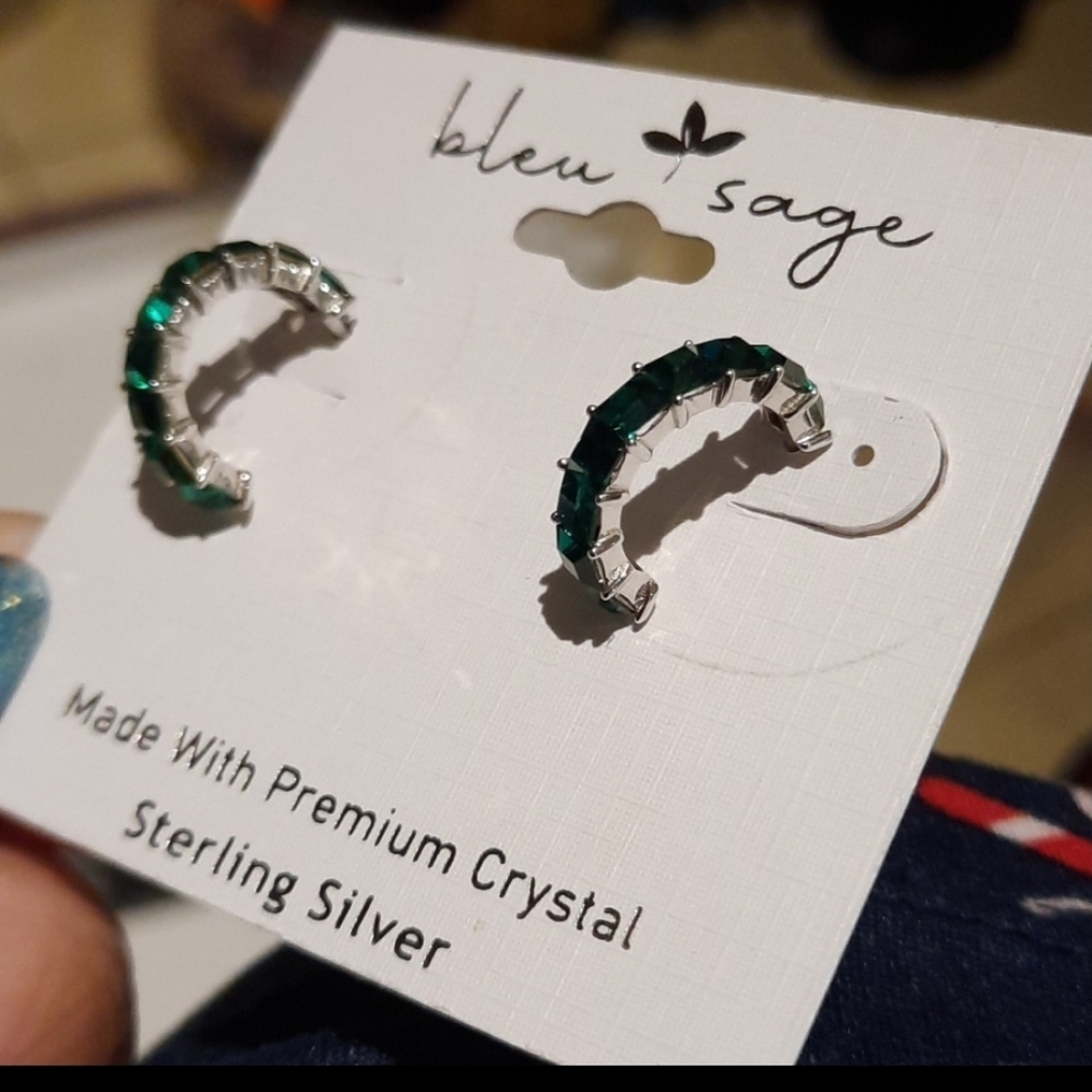 Genuine Solid Sterling Silver Emerald Crystal Hoop Earrings May Birthstone NWT